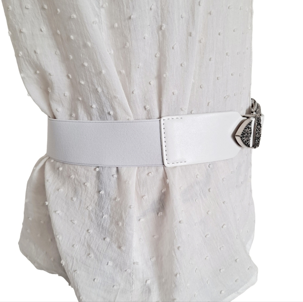 Western Coastal cowgirl Silver double buckle white stretch faux leather belt - Picture 7 of 8